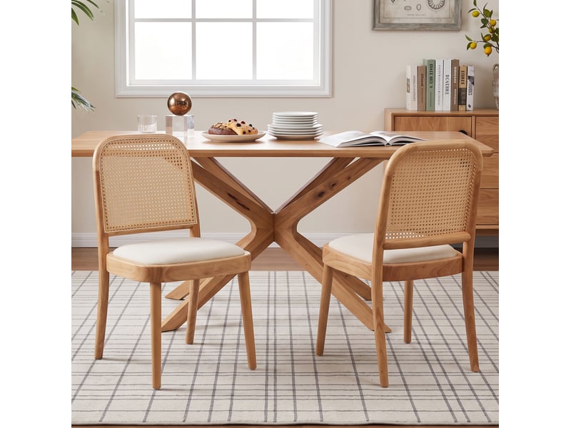  Lot de 2 chaises de salle à manger à dossier en rotin, bois et lin coloris naturel  - Conforama C