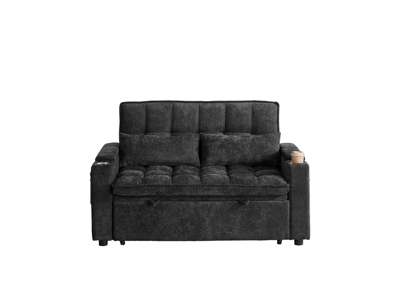 Canapé droit convertible 2 places en tissu noir 3-en-1 avec rangement et porte-gobelets, idéal au quotidien - Conforama A