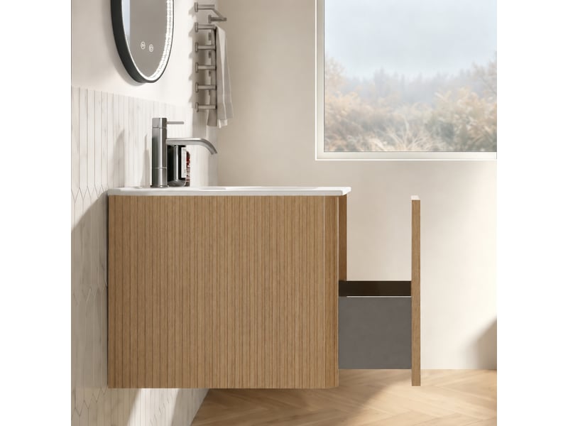  Meuble vasque suspendu 60 cm avec vasque intégrée et miroir led ovale antibuée 50 x 80 cm, chêne  - Conforama E