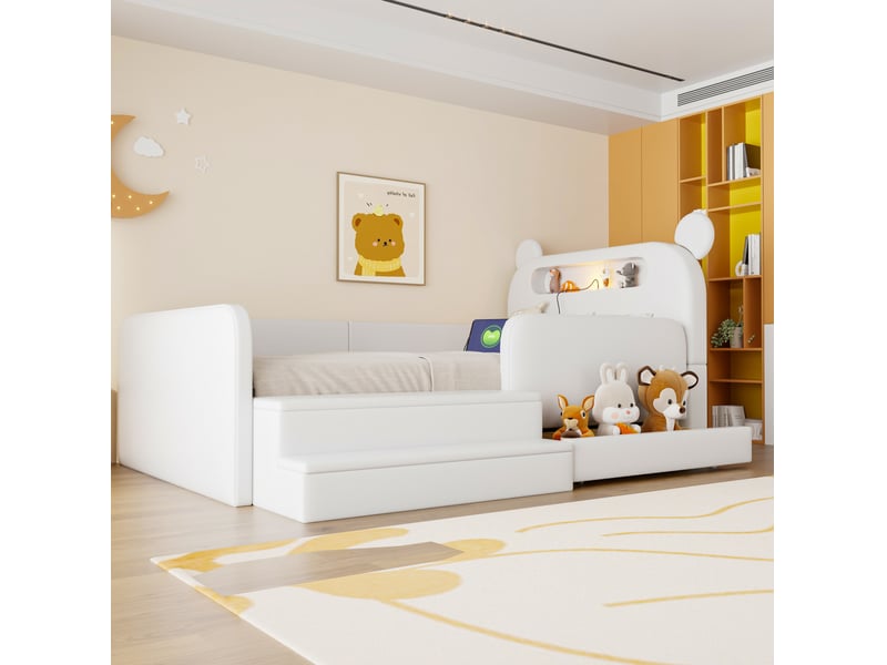  Lit enfant, 90 x 200 cm, avec tête de lit décor ours, rangement, matelas non inclus, polyuréthane (pu), coloris blanc  - Conforama E
