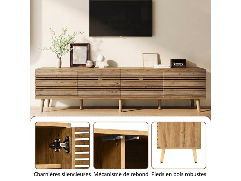  Meuble tv bois clair 180 cm pour tv jusqu'à 75 pouces - 4 portes à lattes  - Conforama E