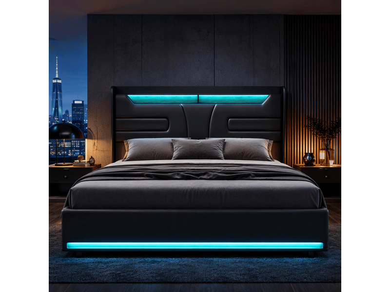  Lit coffre 140x190 avec led, lit 2 places avec rangement et ports usb lit hydraulique avec tête de lit capitonné lit double rembourré avec sommier à lattes lit 2 personnes noir pu, sans matelas  - Conforama B
