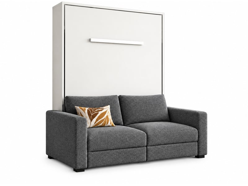  Lit escamotable vertical kimber avec canapé tissu intégré – le salon le jour, un vrai lit la nuit-120x200-cadre blanc-façade blanche-canapé gris foncé  - Conforama A