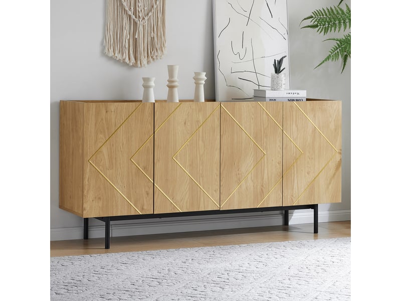 Buffet à 4 portes avec étagères réglables et détails métalliques, en panneaux de particules, coloris naturel, 160 × 40 × 78 cm - Conforama C