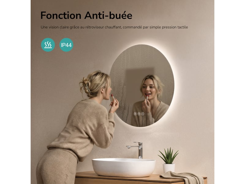  Emke miroir de salle de bain led rond diamètre 50 cm, anti-buée, rétro-éclairage sans cadre, interrupteur tactile, 3 couleurs de lumière  - Conforama D