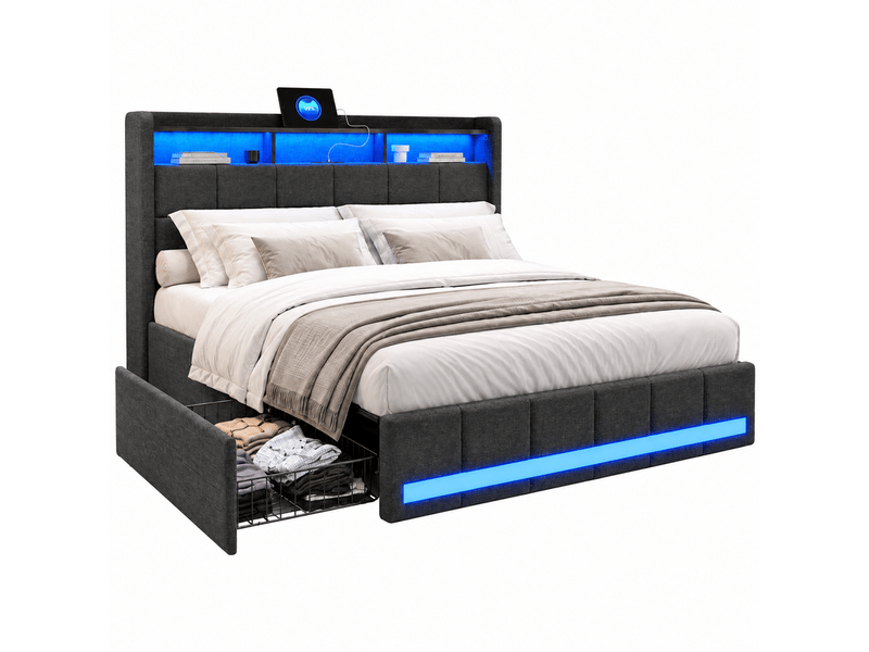  Lit double 180x200 avec rangement, lit 2 personnes led avec prise et 4 tiroirs cadre de lit rembourré avec tête de lit capitonnée pour adultes et adolescents lin gris, sans matelas  - Conforama A