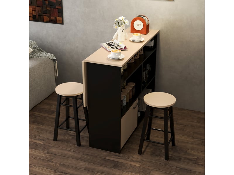  Ensemble table et chaises de bar avec table pliante et 2 tabourets, rangement pratique, en contreplaqué noir  - Conforama C