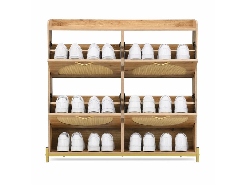  Meuble à chaussures 4 portes abattantes en mdf – décor bois et rotin – 108,5 x 24 x 100 cm  - Conforama A