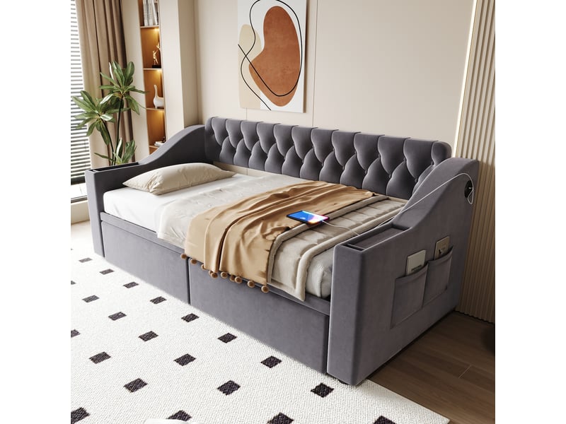  Lit canapé rembourré en velours gris 90x190 cm  - Conforama D