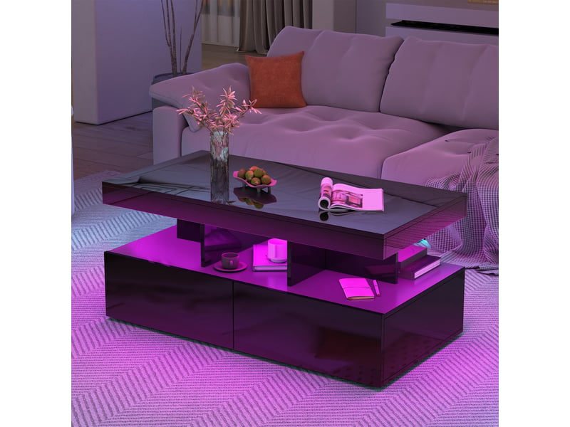  Table basse 104x53cm noir brillant et noir - design moderne avec éclairage led, 2 tiroirs et prise européenne standard  - Conforama C