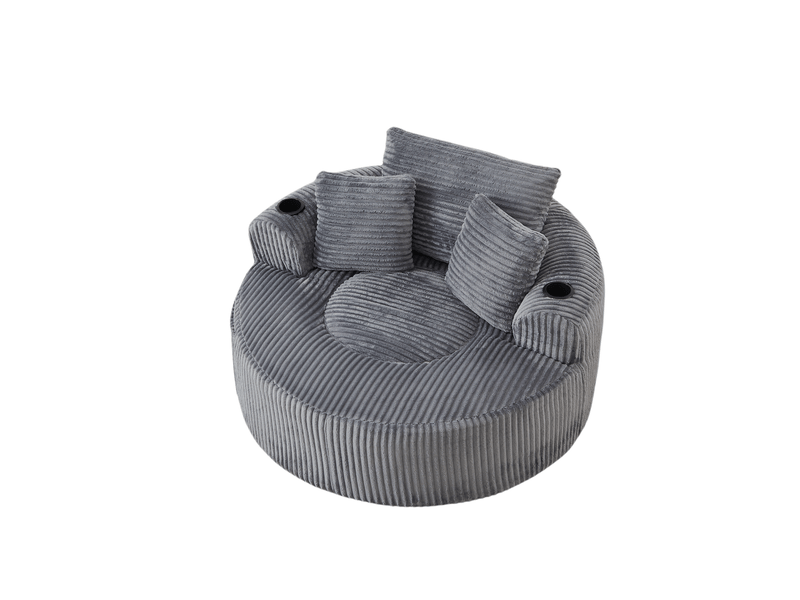  Fauteuil relax rond en velours côtelé gris – 1 place – 2 porte-gobelets – rangement latéral – 3 coussins  - Conforama A