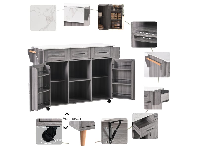  Desserte de cuisine avec 3 tiroirs, étagères et plateau rabattable, en mdf gris veiné 139×46(71)×91,5 cm  - Conforama A