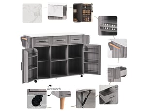Desserte de cuisine avec 3 tiroirs, étagères et plateau rabattable, en mdf gris veiné 139×46(71)×91,5 cm