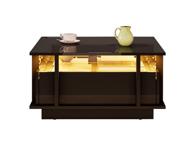  Table basse avec 2 tiroirs et éclairage led pour salon 70×70×35 cm en panneaux de particules noir  - Conforama A