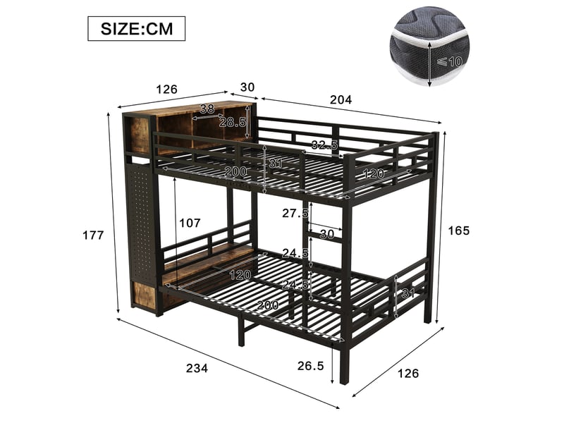  Lit superposé 120x200 cm – avec rangement penderie tiroir et étagères – métal – noir CozyNest - Conforama D