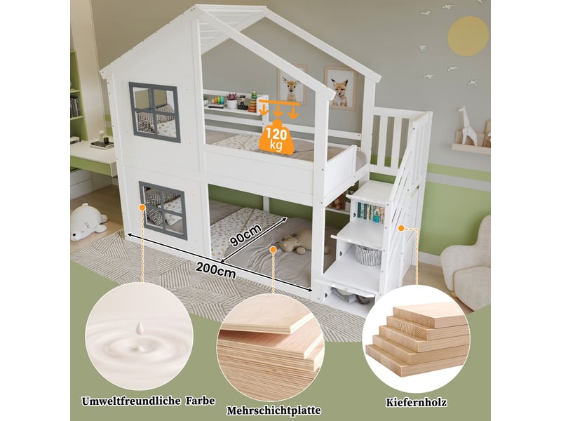 Lit cabane enfant 90x200 cm avec toit et fenêtres-échelle avec rangements-sommier à lattes en pin et mdf-blanc gris  - Conforama E
