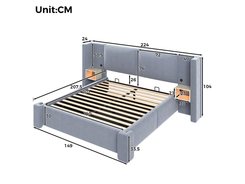  Lit coffre 140 × 200 cm 2 places avec rangement hydraulique, led réglable et tables de chevet, sans matelas, en lin gris  - Conforama D