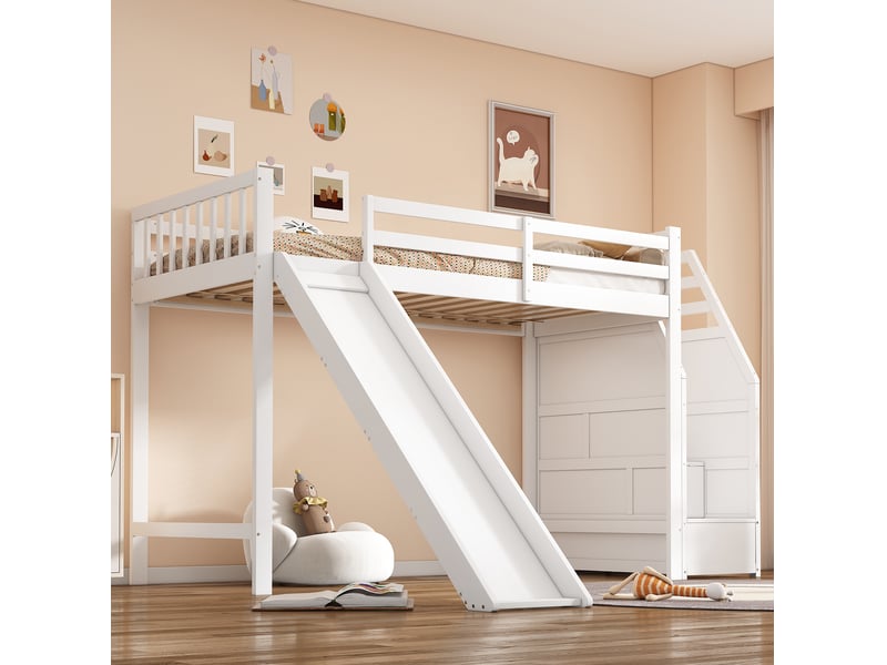  Lit mezzanine enfant 90x200 cm blanc avec toboggan et escalier de rangement  - Conforama D