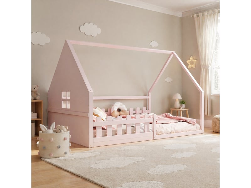 Lit enfant cabane 140 x 200 cm avec barrières et sommier à lattes, rose  - Conforama B