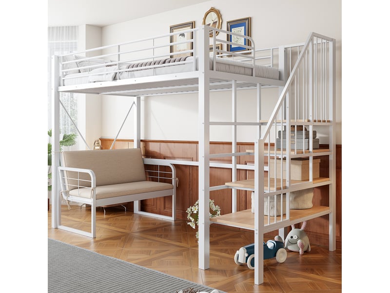 Lit superposé 90x200 cm en métal avec canapé amovible et escalier de rangement - Conforama B