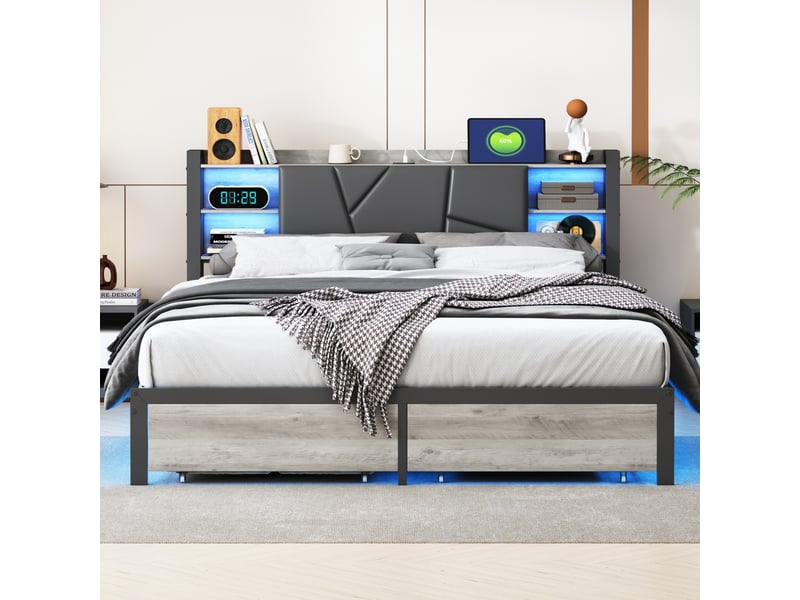  Lit 160x200cm - lit double 160x200 avec led, 2 tiroir, tête de lit de rangement, prises usbtype-c - noir  - Conforama C