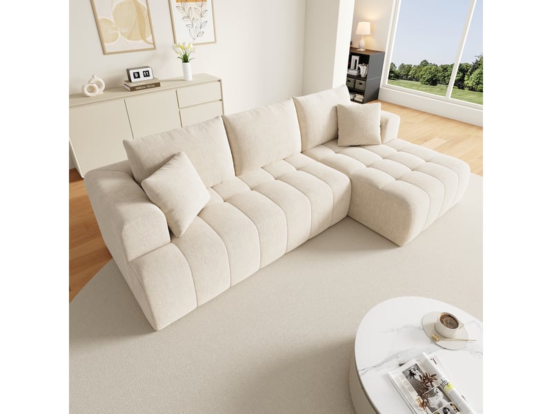 Canapé d’angle en l 3 places 244,5x136x79 cm modulable effet nuage sans structure, sans montage, assise profonde, mousse haute densité, chenille beige - Conforama C