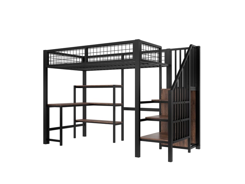  Lit mezzanine noir et marron 90x200cm avec rangement, bureau et étagères, gain de place, pratique - fer et mdf - pour enfant ado  - Conforama D