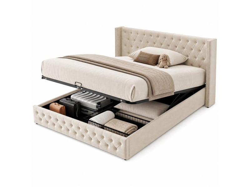  Lit double 140 x 190 cm avec coffre hydraulique en velours beige  - Conforama A