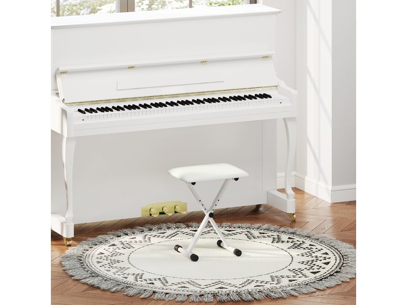  Tabouret de piano blanc pliable en forme de x avec coussin en similicuir dimensions 39 x 29 x 37-47 cm  - Conforama B