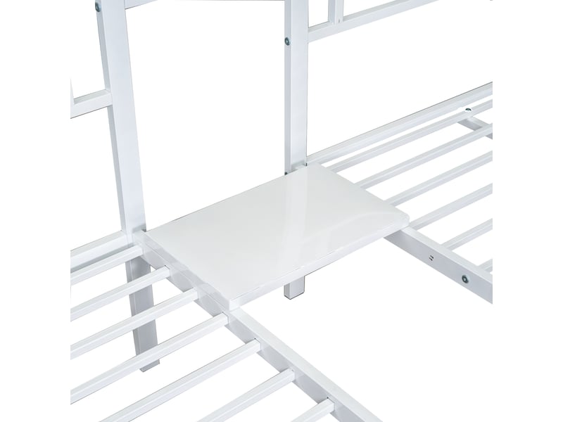  Lit superposé triple blanc 3×90×200 cm, fer, échelle, garde-corps et table intégrée, pour enfants et adolescents  - Conforama E