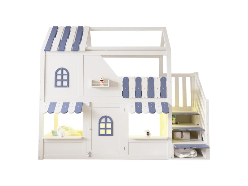 Lit superposé enfant 90 x 200 cm - avec échelle de rangement - avec lumière led - avec 1 porte - blanc + bleu (matelas non inclus)  - Conforama A