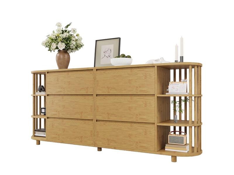  Buffet en chêne 160 cm, design romain avec colonnes, 6 tiroirs et étagères en bambou, meuble de rangement h75l160p40 cm  - Conforama A