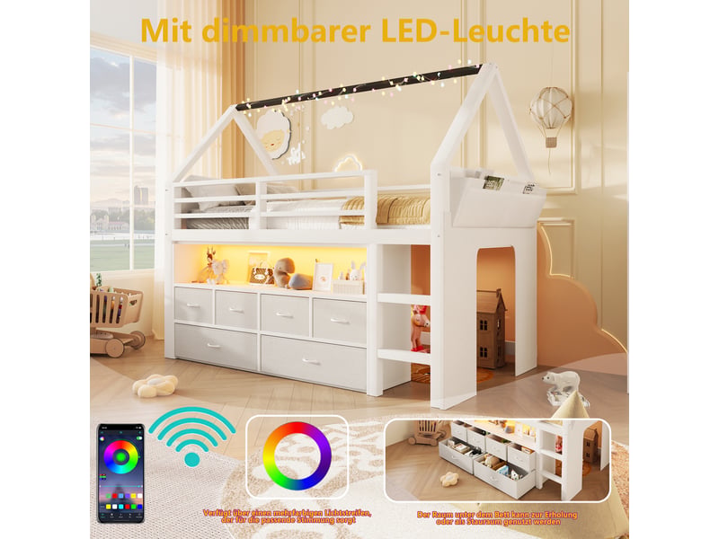 Lit mezzanine cabane enfant 90x200 cm avec 6 tiroirs en tissu, guirlande led multicolore, rideau latéral et poche de rangement, pin et mdf, blanc - Conforama E