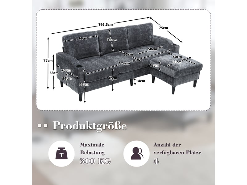 Canapé 4 places modenvie avec pouf de rangement en chenille gris 196,5 x 75 x 77 cm  - Conforama C