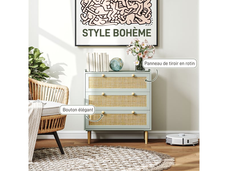  Commode design bohème en rotin avec 3 tiroirs, meuble de rangement pour le salon, le couloir, vert olive, l'entrée  - Conforama E