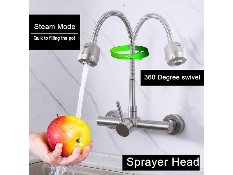  Robinet en acier inoxydable mural pour salle de bain et cuisine, robinet à pulvérisateur rotatif à 360° pour lavabo à eau chaude et froide  - Conforama C
