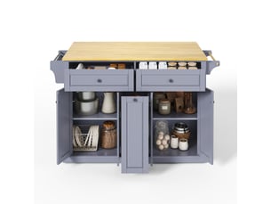 Îlot de cuisine mobile avec plan de travail pliable, chariot de rangement en mdf avec tiroirs et roulettes, 121x69x89cm, naturel et gris