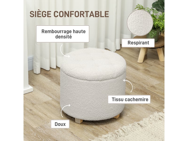  Pouf coffre rangement, tabouret rond, pouf repose-pieds en tissu bouclette, charge 120 kg, blanc,  45 x 41 cm  - Conforama E