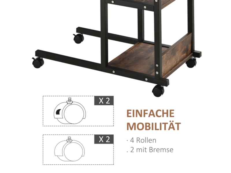 Table d’appoint à roulettes, hauteur réglable 72–82 cm, noir, métal, 80x40 cm, 2 étagères, salon & bureau - Conforama E