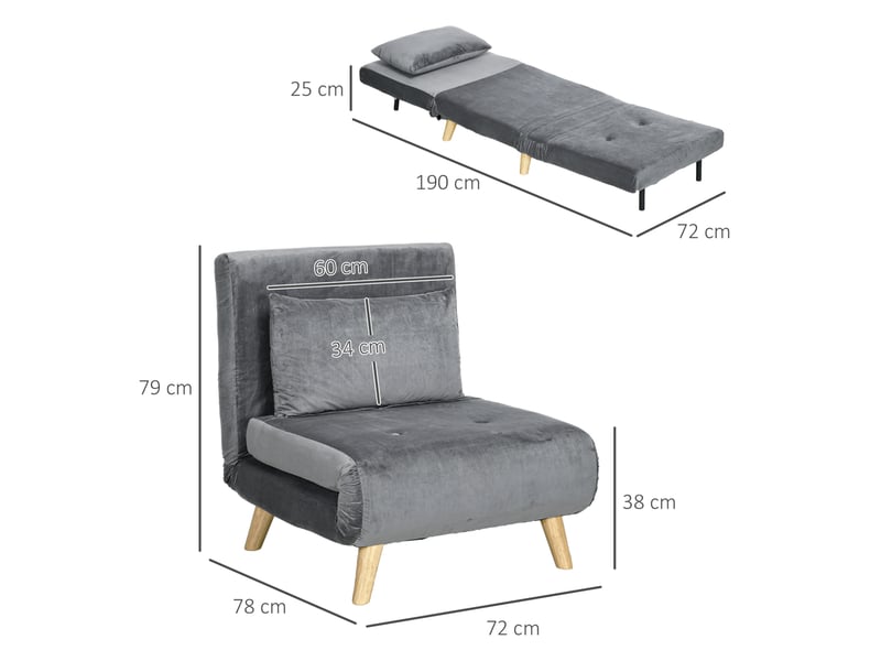  Fauteuil convertible ulevr 2 en 1 en lit d'appoint, dossier réglable 6 positions, 72 x 190 cm, polyester gris  - Conforama C