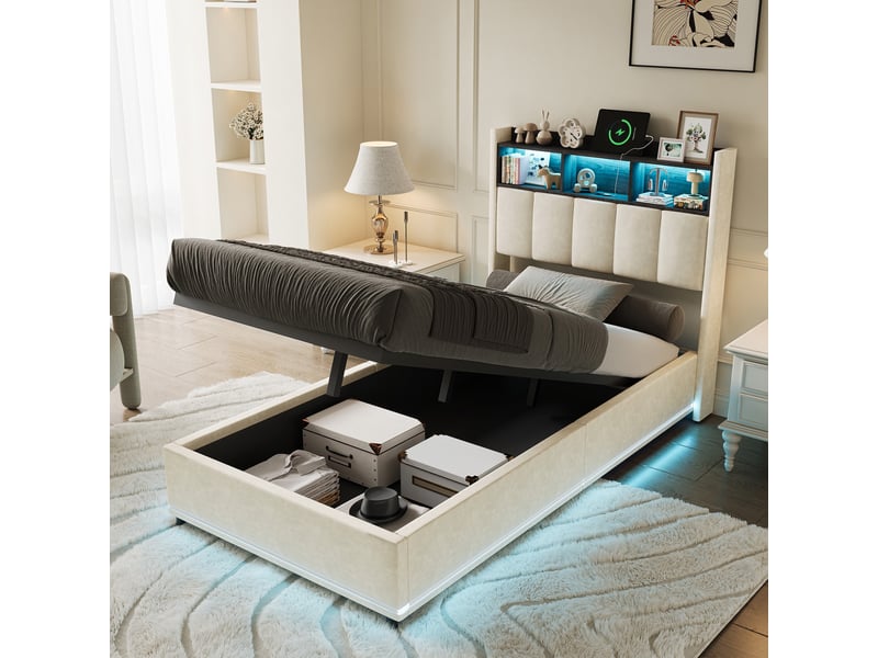  Lit 90x200cm  -  lit coffre 90x200cm  avec led - tête de lit avec rangement et éclairage - velours - beige - sans matelas  - Conforama C