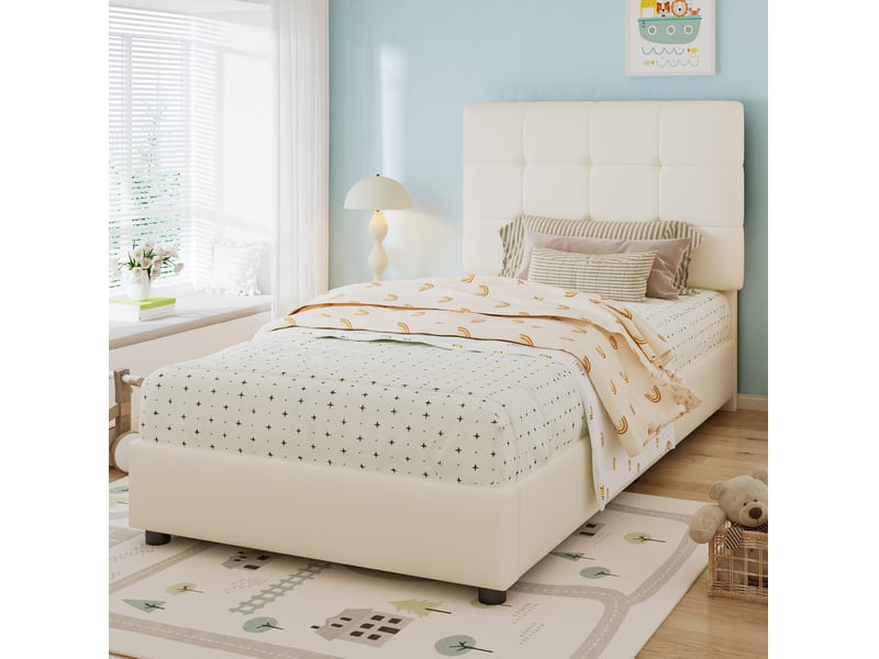  Lit enfant simple 90x200 cm tête biscuit, tête de lit et bords mousse anti-choc, pu+métal beige sans matelas  - Conforama B