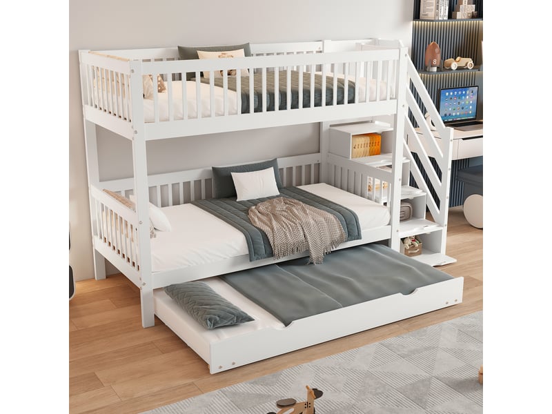 Lit superposé 3 places 90×200 cm et 90×190 cm, barrière et rangement - sans matelas, pin et mdf blanc - Conforama B