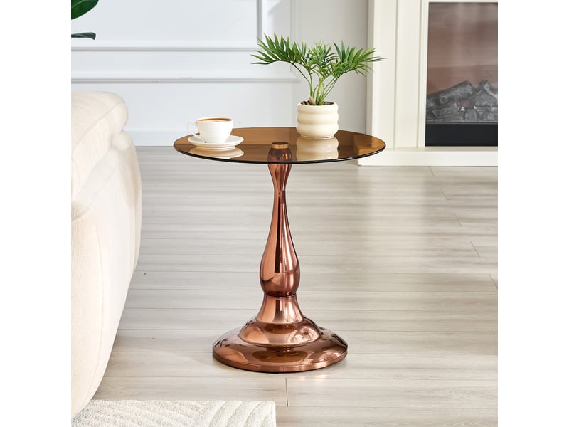  Table d'appoint ronde en verre trempé 50 cm, pied métal, marron, hauteur 51,5 cm  - Conforama E