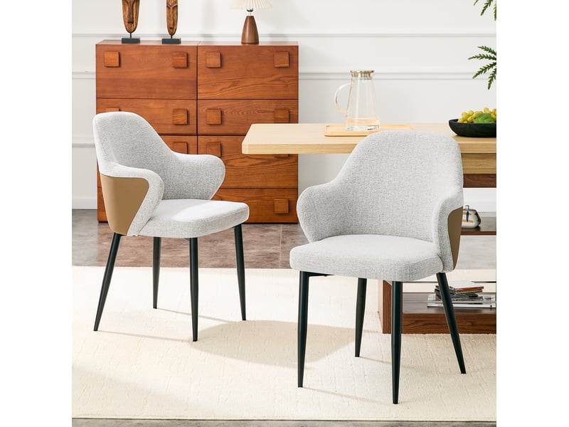  Lot de 2 chaises d'appoint gris clair, hauteur 83 cm, accoudoir absent, assise en tissu structuré gris clair et pu marron, pieds métalliques croisés noirs, design moderne élégant  - Conforama C