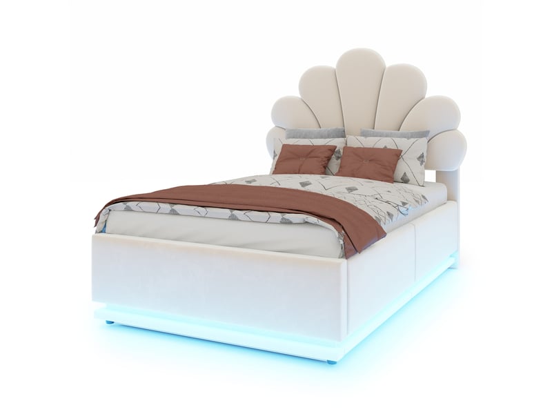  Lit coffre 90 × 200 cm 1 place avec led réglable et tête de lit fleurie, sans matelas, en velours beige  - Conforama A