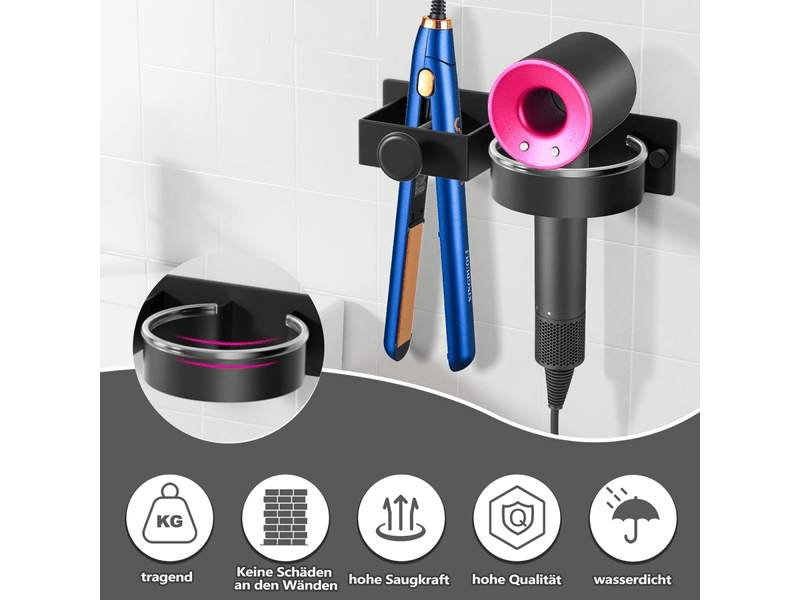 Support de sèche-cheveux, sans perçage, adapté à la salle de bain, à la chambre, à l'hôtel, noir - Conforama E