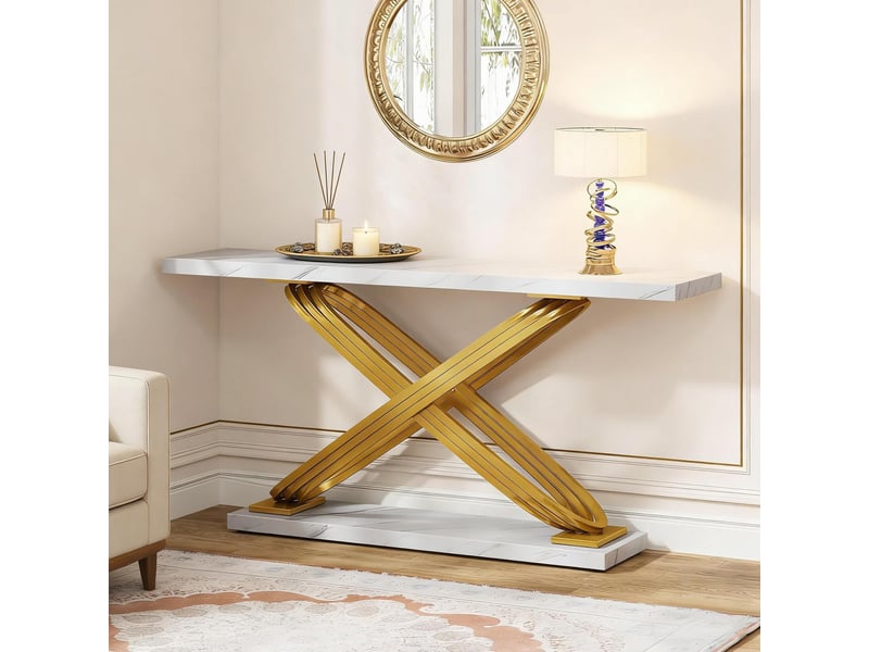  Table console 140x35x80 cm blanche et dorée avec structure métallique en x  - Conforama E