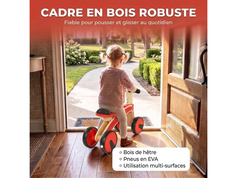  Porteur en bois 4 roues selle avec rebord naturel noir rouge  - Conforama E