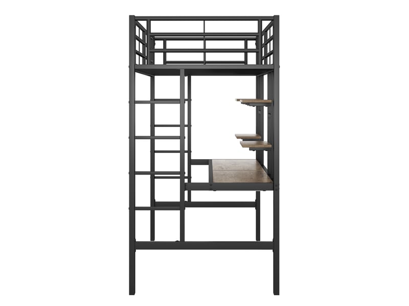 Lit mezzanine 200×90 cm avec bureau, 2 étagères et tablette pour clavier, en métal et mdf noirs - Conforama E